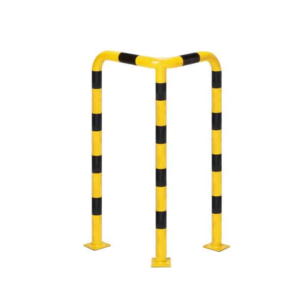 Metall-Eckschutzblech - gelb mit schwarzen Reflexstreifen | fi60,3mm, Abmessungen 600mm x 600mm x 1200mm | Verschraubt mit dem Boden