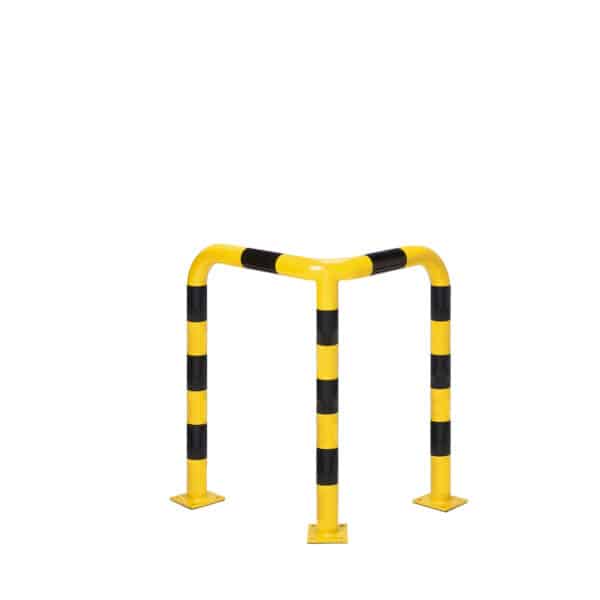 Metall-Eckabweiser - gelb mit schwarzen Reflexstreifen | fi60,3mm, Abmessungen 600mm x 600mm x 800mm | am Boden verschraubt