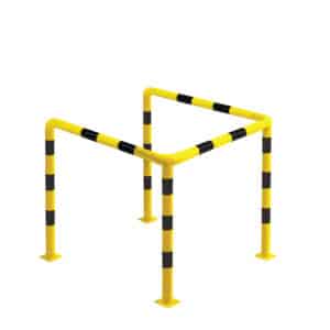 U-förmiger Metallpuffer - gelb mit schwarzen Reflexionsstreifen | fi60,3mm, Abmessungen 800mm x 800mm x 800mm x 1000mm | auf den Boden geschraubt