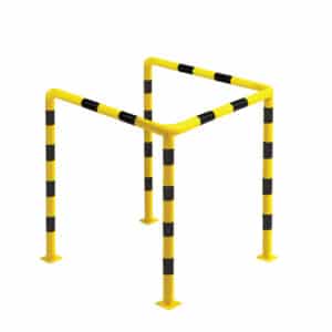 U-Metallpuffer - gelb mit schwarzen Reflexionsstreifen | fi48,3mm, Abmessungen 800mm x 800mm x 1200mm | auf den Boden geschraubt